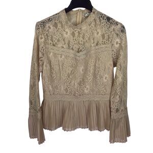 A. CALIN By Flying Tomato Beige Floral Lace Pleated Long Sleeve Blouse Women’s M